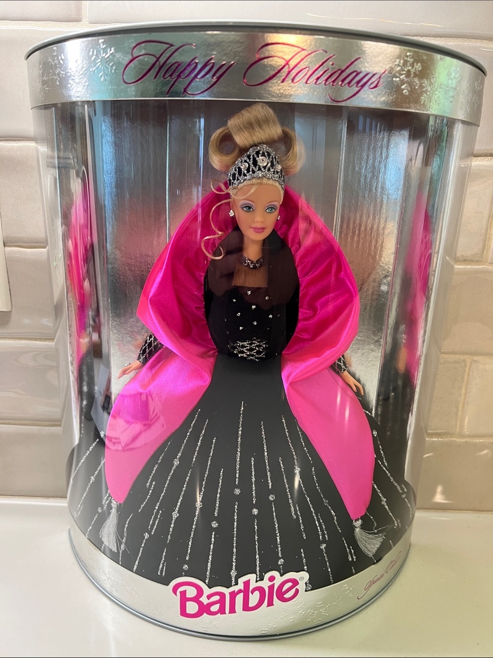 Barbie 1998 Holiday Collector Doll in Black Gown with Hot Pink Cape